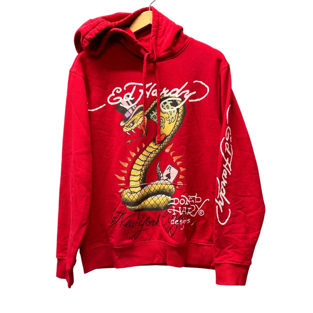Ed‎ Hardy Hoodie Mens Medium Cobra Ace Art Red Tattoo Graphic Pullover
